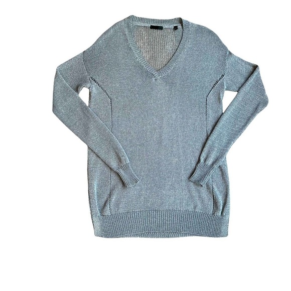 ATM V-Neck Pullover Sweater Preppy Academia minimalist Open Weave Light Gray XS - Picture 1 of 7